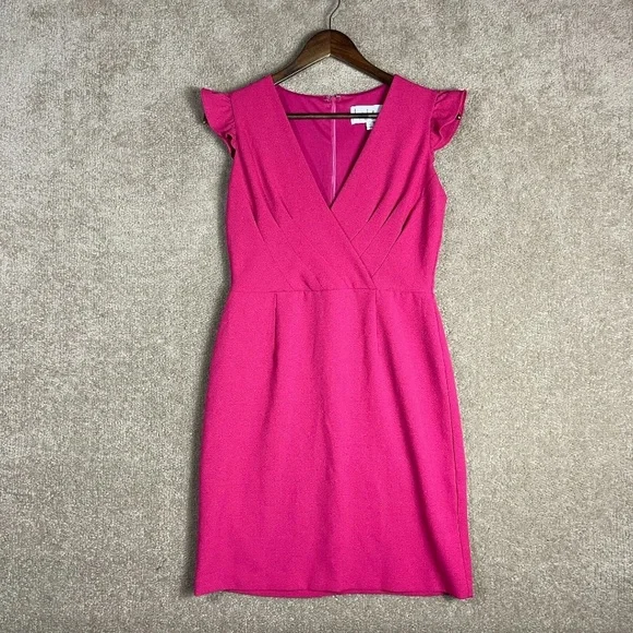 Nicole Miller Sheath Dress NWTSize 4 Pink Ruffle Sleeve V-Neck Stretch Crepe - Picture 3 of 12